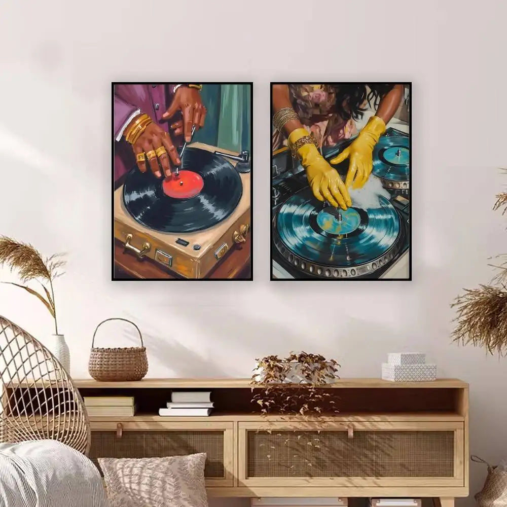 Two framed hip hop fashion art posters featuring black dj hand adjusting red and blue vinyl records for bar decoration
