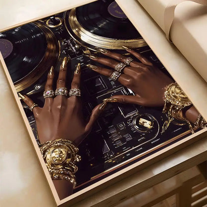 A framed hip hop fashion art poster bar featuring black dj hand with gold nails and jewelry on a vinyl turntable