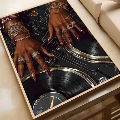 Black dj hand art poster bar featuring hip hop fashion with gold turntable and red metallic nails jewelry detail