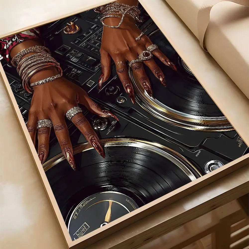 Black dj hand art poster bar featuring hip hop fashion design with gold turntable and hands with red metallic nails