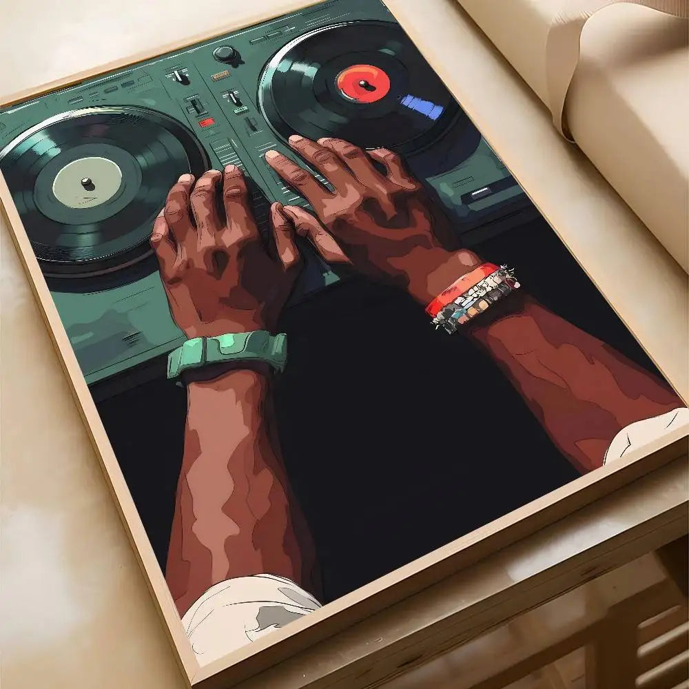 A framed art poster bar decoration featuring a black dj hand with green watch and red bracelet on vinyl records