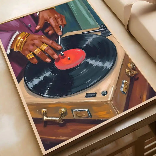 A vibrant art poster bar featuring a black DJ hand placing a red vinyl record on a vintage turntable with hip hop fashion