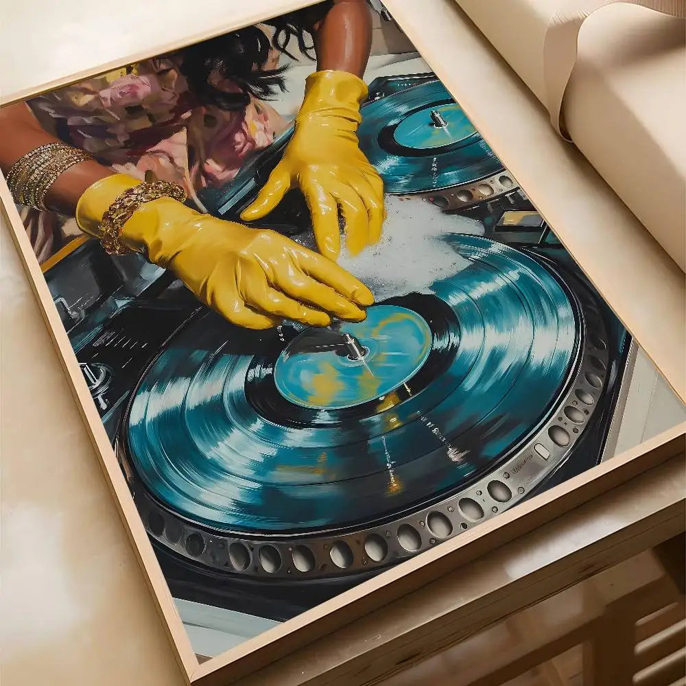 A framed hip hop fashion art poster featuring a black dj hand with yellow gloves on blue vinyl records for bar decor