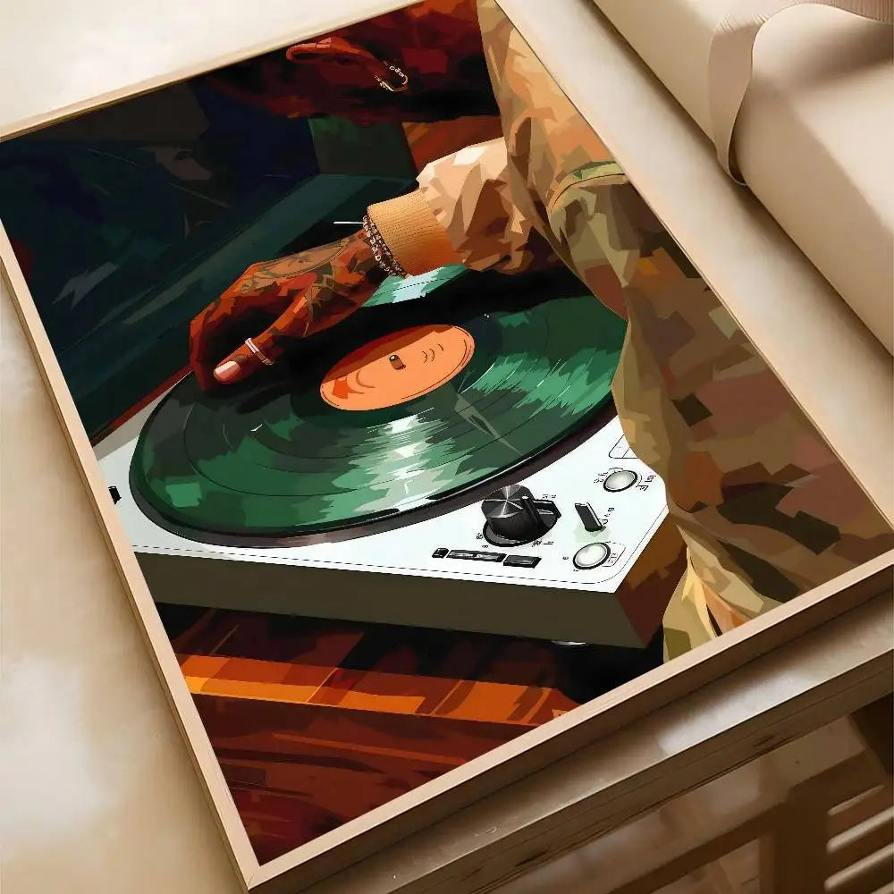A framed hip hop fashion art poster featuring a black DJ hand placing a green vinyl record on a white turntable for bar decor