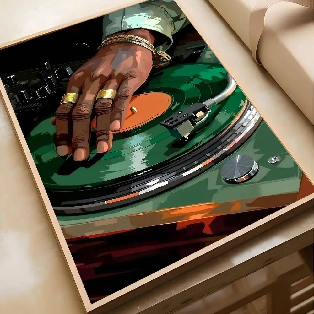 A vibrant green vinyl record with an orange center label spinning on a turntable in a hip hop fashion black dj hand art poster bar