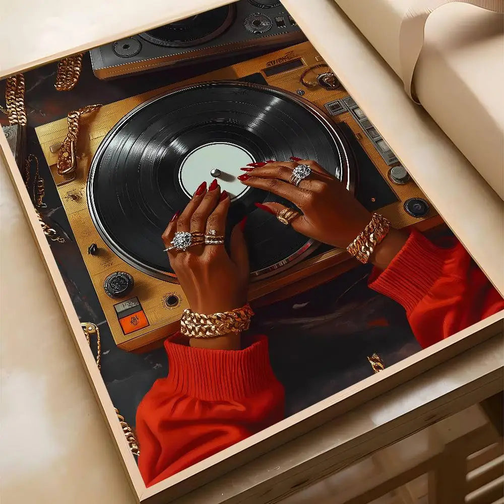 A framed art poster bar featuring a black DJ hand adjusting a vinyl record with hip hop fashion style