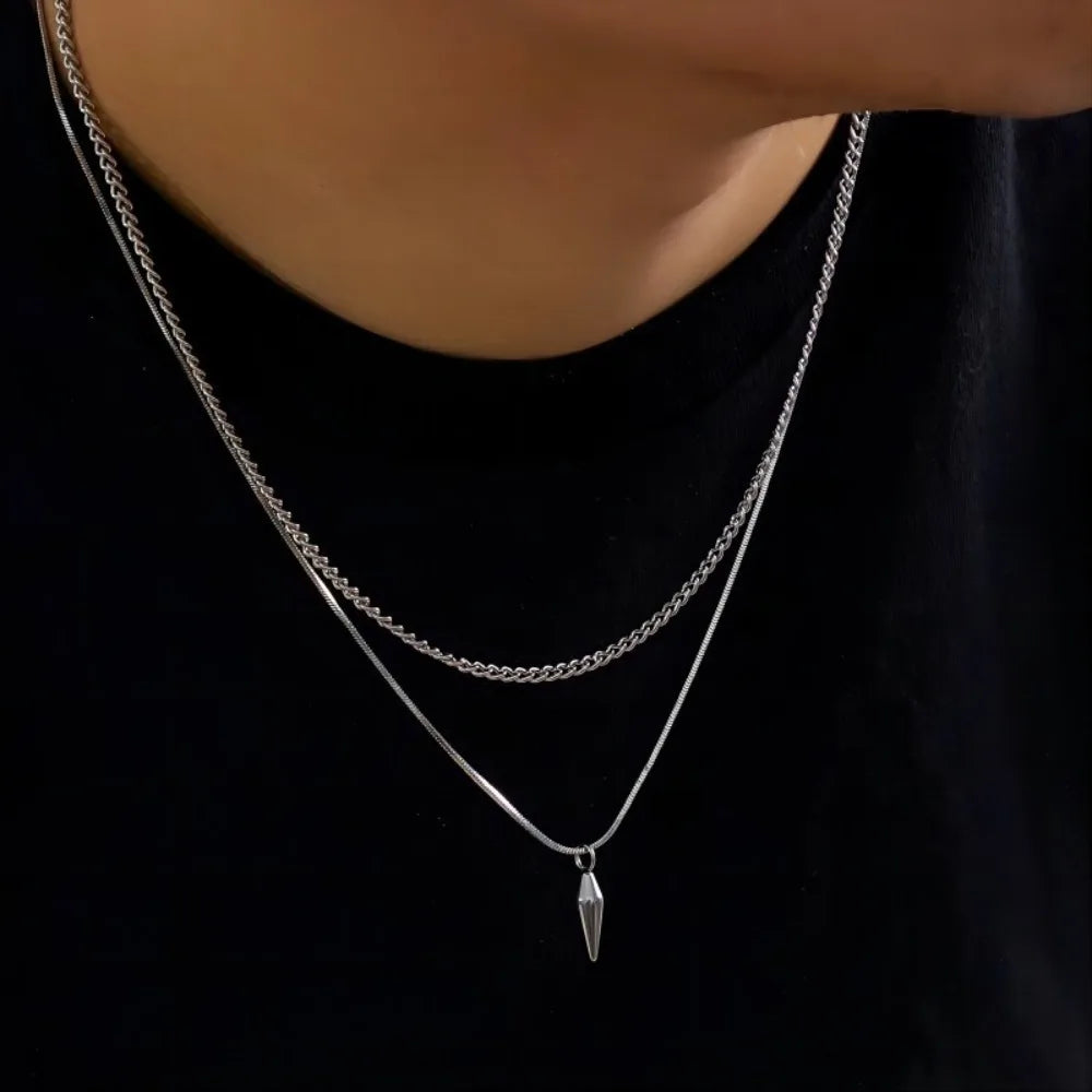 Silver-toned pendant necklace stainless steel with layered snake and curb chains men jewelry accessories gifts
