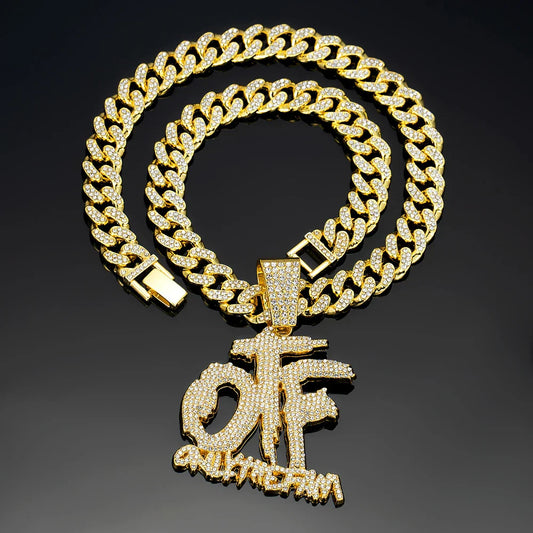 Gold-colored heavily embellished hip hop fashion otf pendant cuban chain necklace with diamond detailing for women rock party