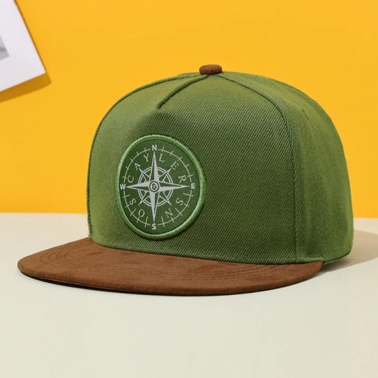 Olive green hip hop fashion flat brimmed hat with brown brim and embroidered compass rose patch for outdoor shading