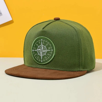 Olive green hip hop fashion flat brimmed hat with brown brim and compass embroidery for american street hip style