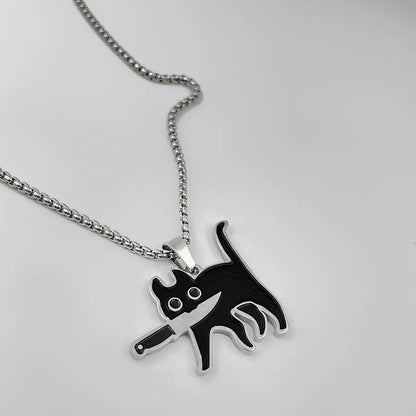 Black cat pendant necklace with fashion knife cat silhouette on silver chain for hip hop fashion and black cat sweater style