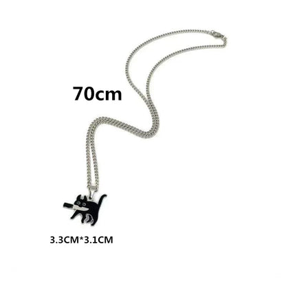 Silver chain necklace with black cat sweater pendant featuring white accents hip hop fashion knife cat jewelry gift