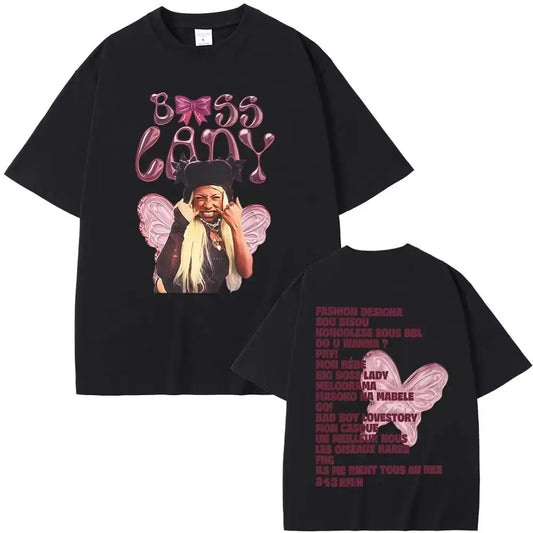 Black oversized hip hop fashion t shirt featuring rapper Theodora Mega graphic and casual loose print lyrics on back