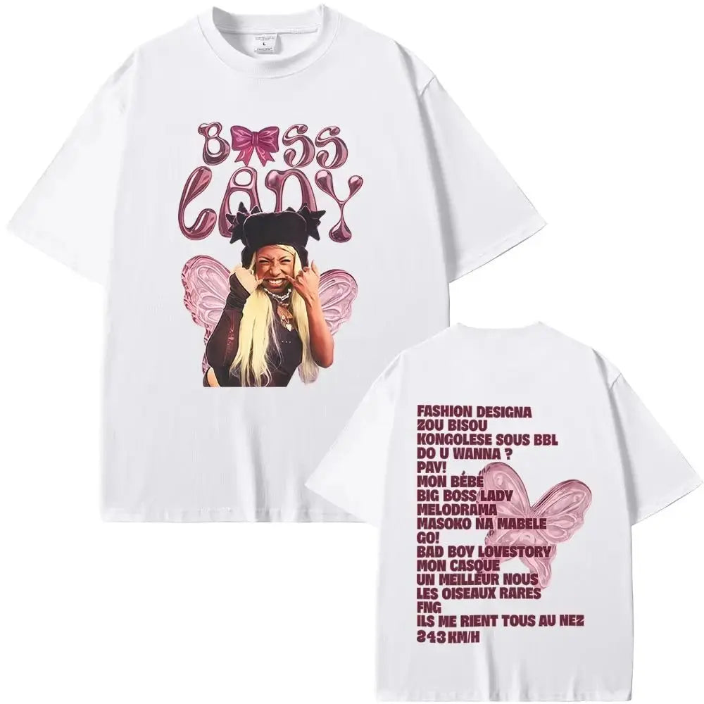 White oversized t shirt with boss candy graphic and pink wings featuring casual loose print for hip hop fashion rapper theodora mega
