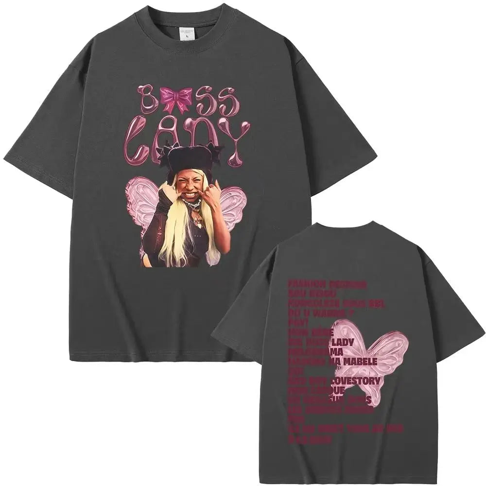 Dark gray oversized hip hop fashion t shirt with rapper theodora mega graphic pink wings casual loose print back tracklist