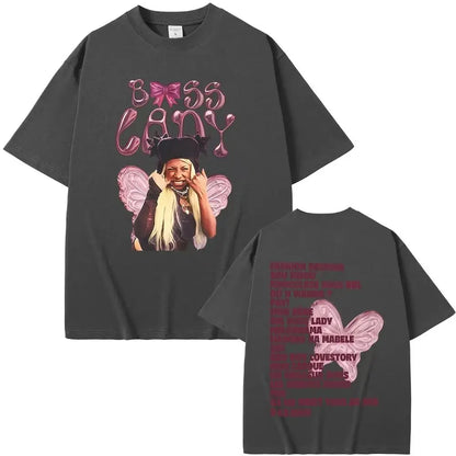 Dark gray oversized hip hop fashion t shirt with rapper theodora mega graphic pink wings casual loose print back tracklist