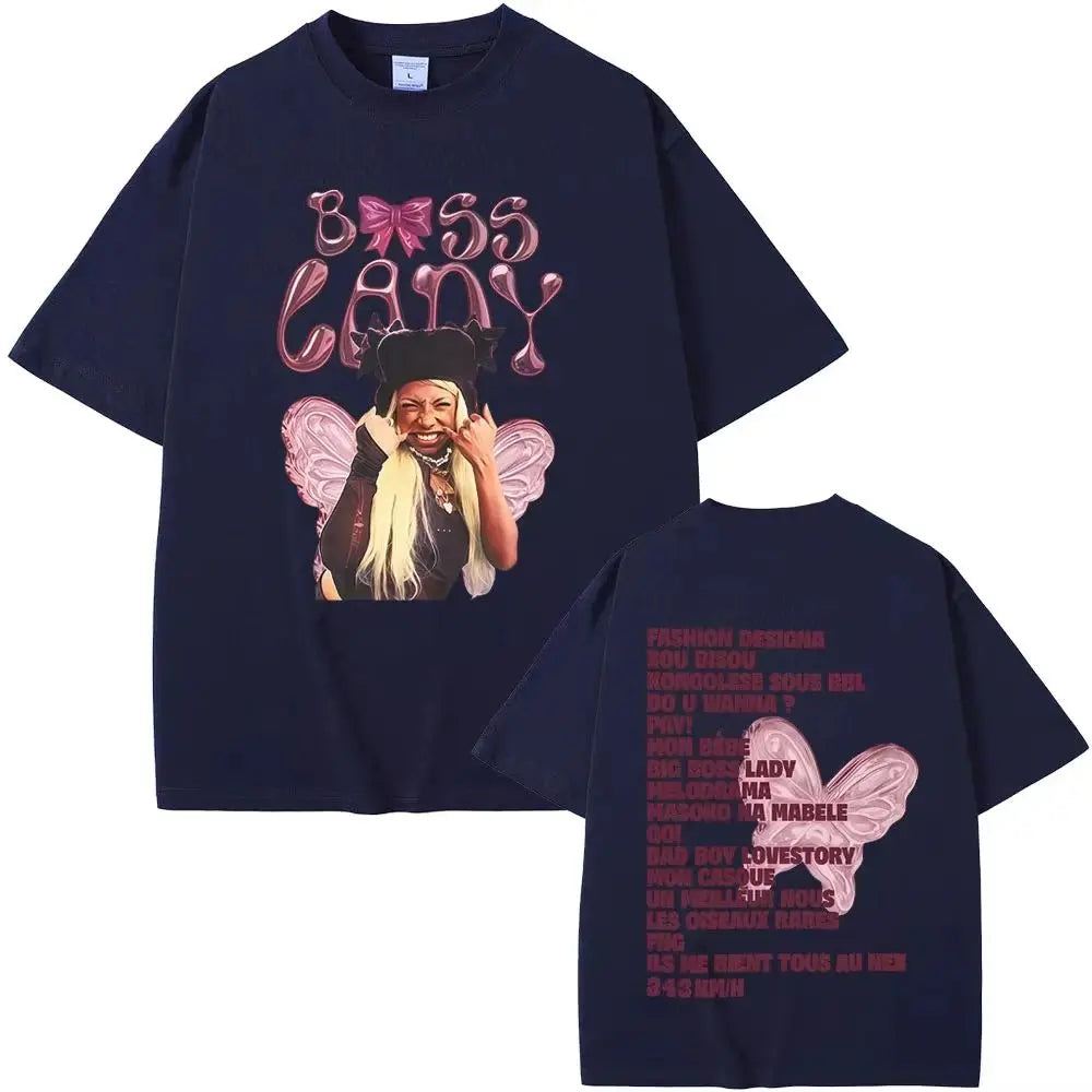 Dark navy oversized t shirt with vibrant pink boss bady graphic and matching back print for hip hop fashion rapper theodora mega casual loose print