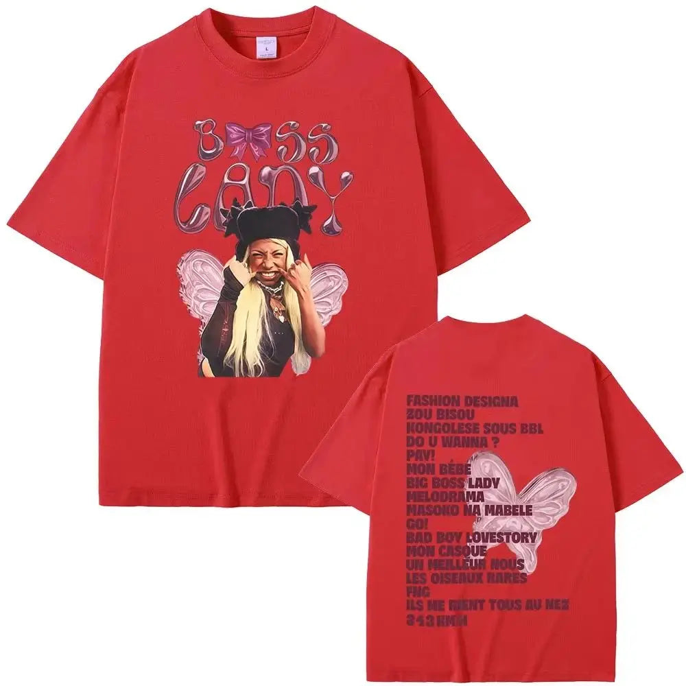 Red oversized casual loose print t-shirt featuring rapper Theodora Mega as a fairy in hip hop fashion style