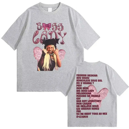 Gray heathered t-shirt with boss candy graphic pink wings and casual loose print for hip hop fashion rapper theodora mega