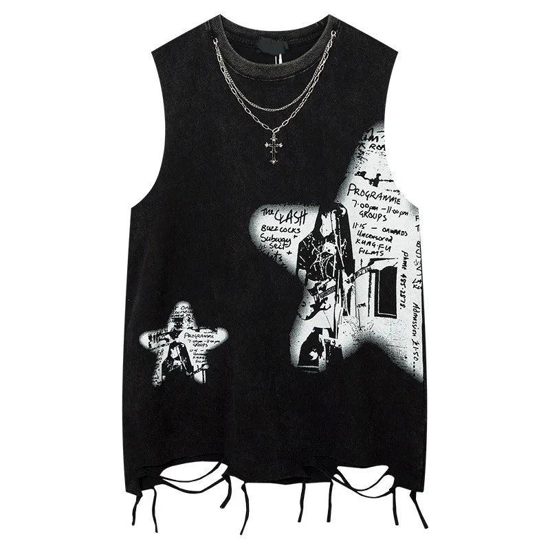 Black sleeveless tank top with ripped hole harajuku style graffiti printed necklace and frayed hem for dancing tops streetwear