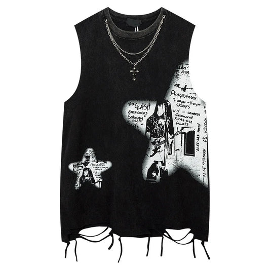 Black sleeveless tank top with ripped hole harajuku style graffiti printed necklace and frayed hem for dancing tops streetwear