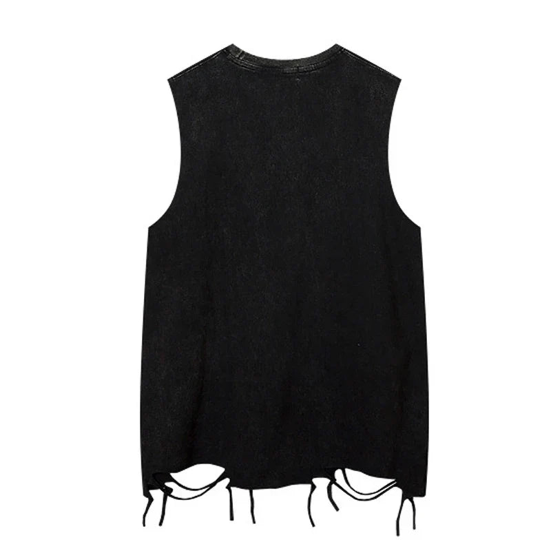 Black distressed denim sleeveless top with frayed hem and drawstring ties in ripped hole harajuku dancing tops streetwear style
