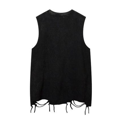 Black distressed denim sleeveless top with frayed hem and drawstring ties in ripped hole harajuku dancing tops streetwear style