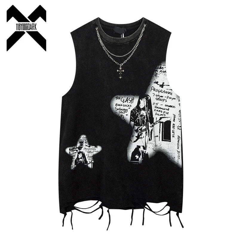 Black sleeveless tank top with ripped hole harajuku style and graffiti printed necklace for dancing tops streetwear