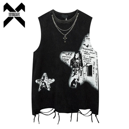 Black sleeveless tank top with ripped hole harajuku style and graffiti printed necklace for dancing tops streetwear