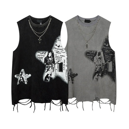 Black and gray distressed sleeveless tank tops with graffiti printed necklace and ripped hole harajuku dancing tops streetwear style
