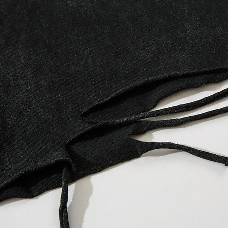Black textured sleeveless tank top with frayed edges and matching drawstrings for ripped hole harajuku streetwear