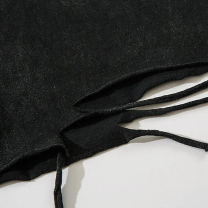 Black textured sleeveless tank top with frayed edges and matching drawstrings for ripped hole harajuku streetwear