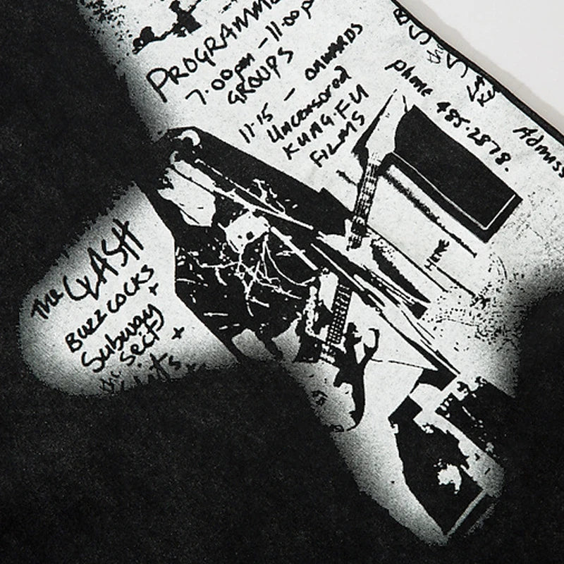 Black and white concert poster printed on sleeveless ripped hole harajuku tank top with graffiti printed necklace design for streetwear dancing tops