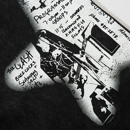 Black and white concert poster printed on sleeveless ripped hole harajuku tank top with graffiti printed necklace design for streetwear dancing tops