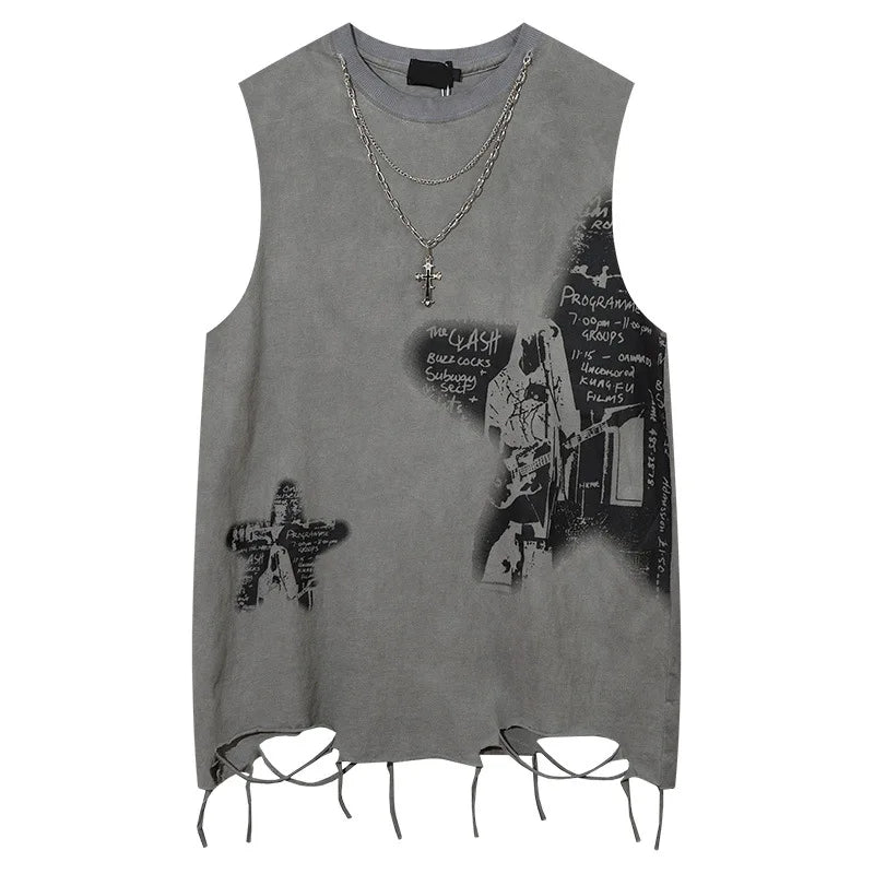 Gray distressed sleeveless tank top with black graffiti printed necklace and ripped hole harajuku design for dancing tops streetwear