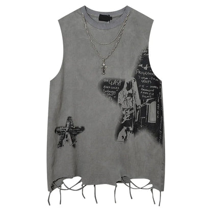 Gray distressed sleeveless tank top with black graffiti printed necklace and ripped hole harajuku design for dancing tops streetwear