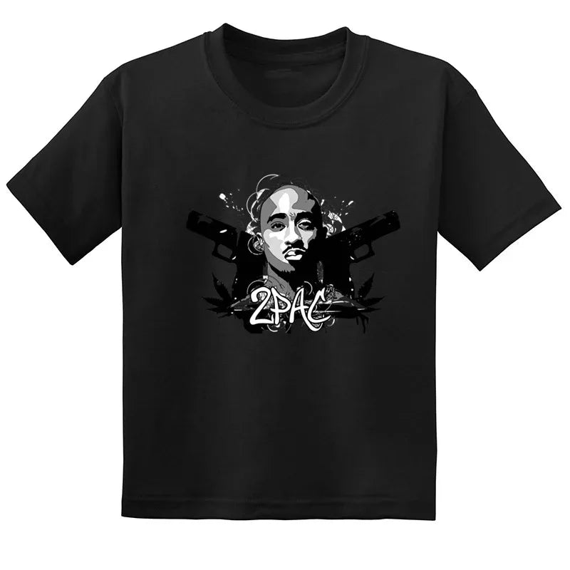 Black short-sleeved t-shirt with white tupac graphic and crossed guns featuring festival rapper 2pac thug life clothes design