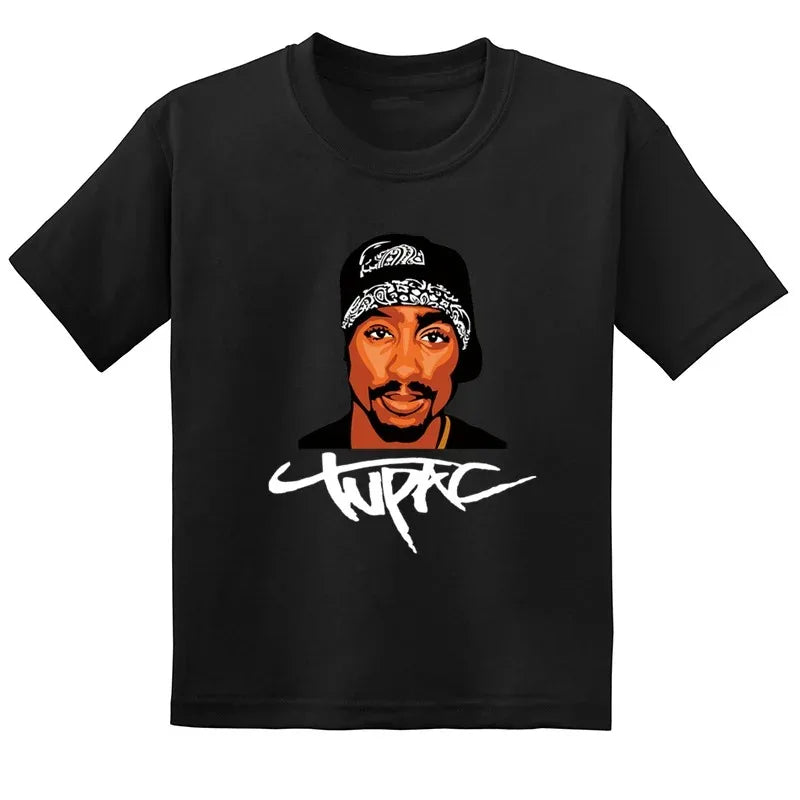 Black short-sleeved t-shirt with stylized tupac graphic and white tupac graffiti signature for hip hop festival thug life clothes