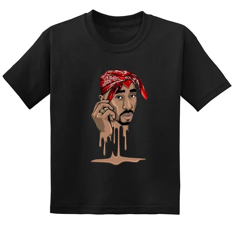 Black short-sleeved t-shirt featuring cartoon 2pac with red bandana and chocolate drip for hip hop festival thug life clothes