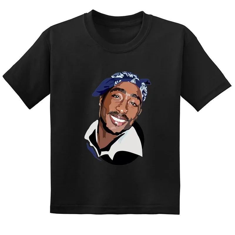 Black short-sleeved t-shirt featuring a stylized portrait of festival rapper 2pac with blue bandana for hip hop festival thug life clothes