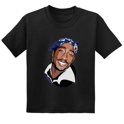 Black short-sleeved t-shirt featuring a stylized portrait of festival rapper 2pac with blue bandana for hip hop festival thug life clothes