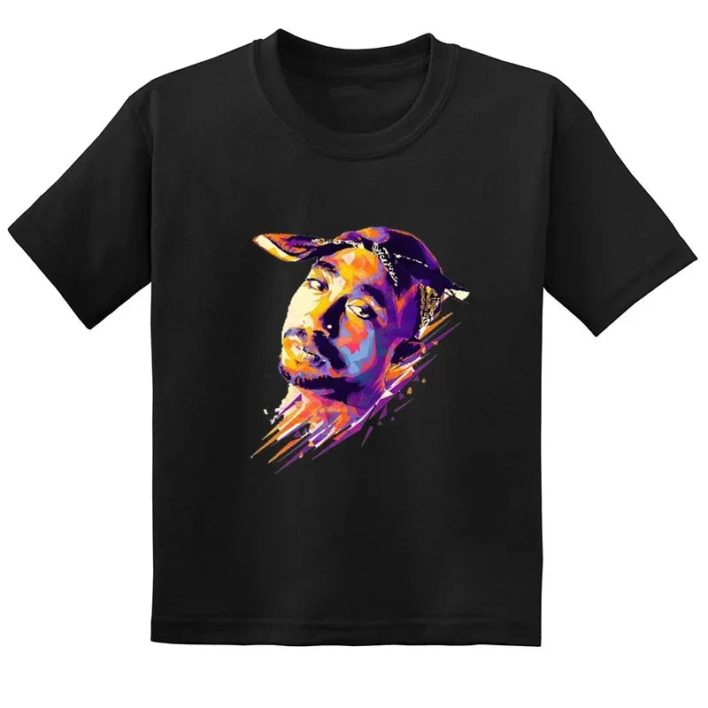 Black short-sleeved t-shirt featuring a vibrant purple and orange stylized portrait of rapper 2pac for hip hop festival thug life clothes