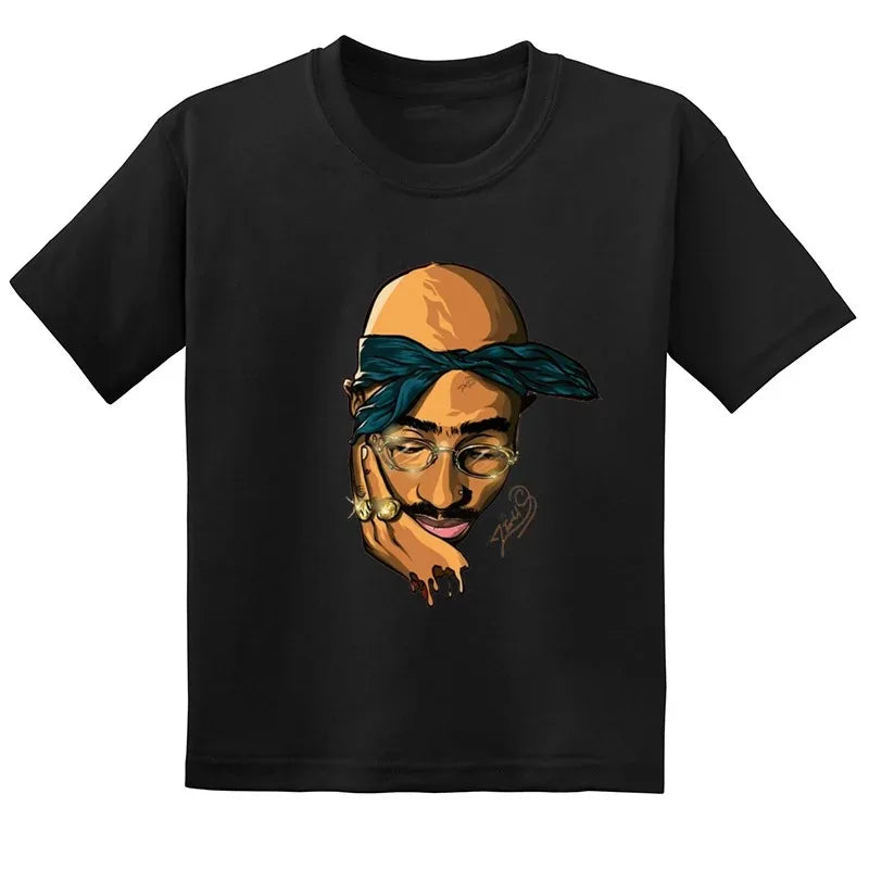 Black short-sleeved t-shirt featuring stylized tupac amaru shakur illustration with teal bandana for hip hop festival and thug life clothes
