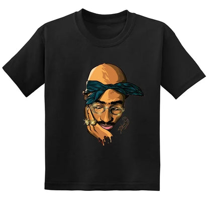 Black short-sleeved t-shirt featuring stylized tupac amaru shakur illustration with teal bandana for hip hop festival and thug life clothes
