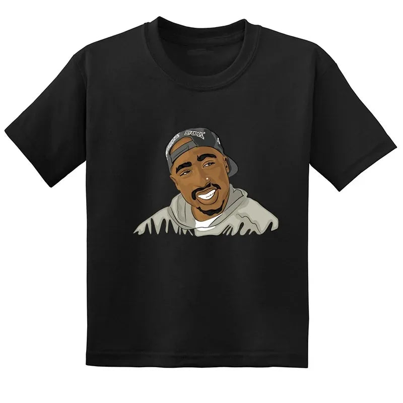 Black short-sleeved t-shirt featuring cartoon illustration of rapper tupac for hip hop festival thug life clothes