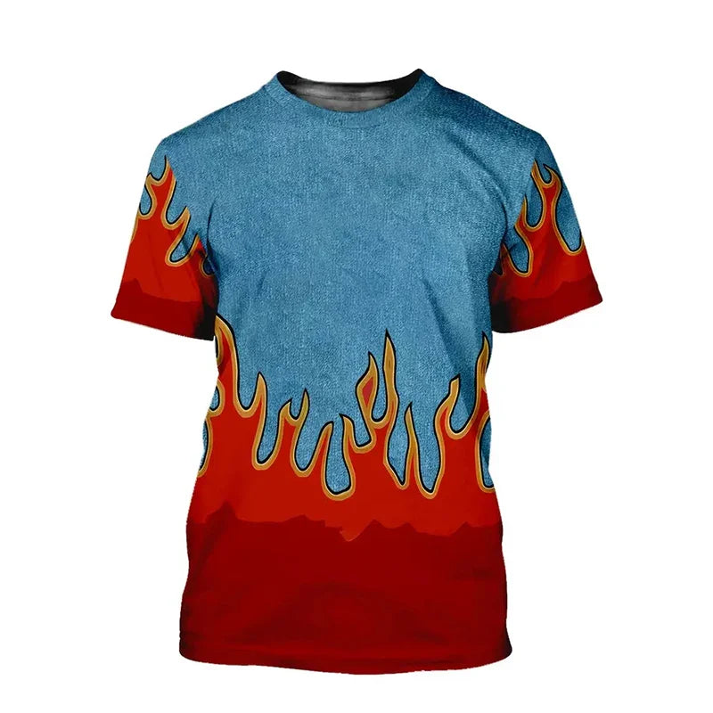 Hip hop flame men personality streetwear short sleeve t shirt with blue and red flame pattern and textured fabric finish