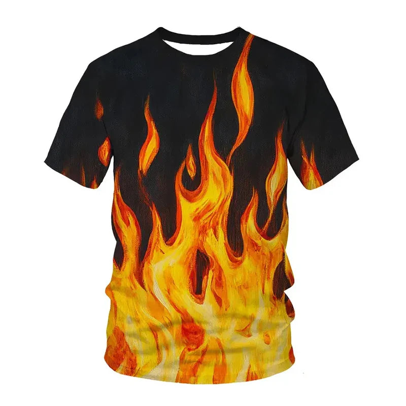 Black short-sleeved hip hop flame t-shirt for men featuring vibrant orange and yellow flames ideal for summer harajuku streetwear