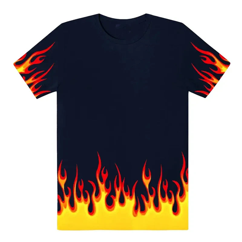 Black short-sleeved hip hop flame t-shirt for men featuring vibrant orange and yellow flame graphics for summer harajuku streetwear