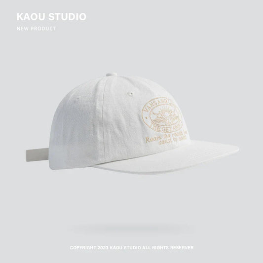 White hip hop flat brim fashion brand american baseball cap with subtle gold embroidery for men and women