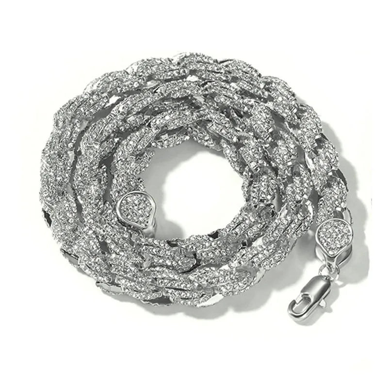 Silver round rope link chain necklace for men rapper jewelry with thick braided design and austrian rhinestone paved stones